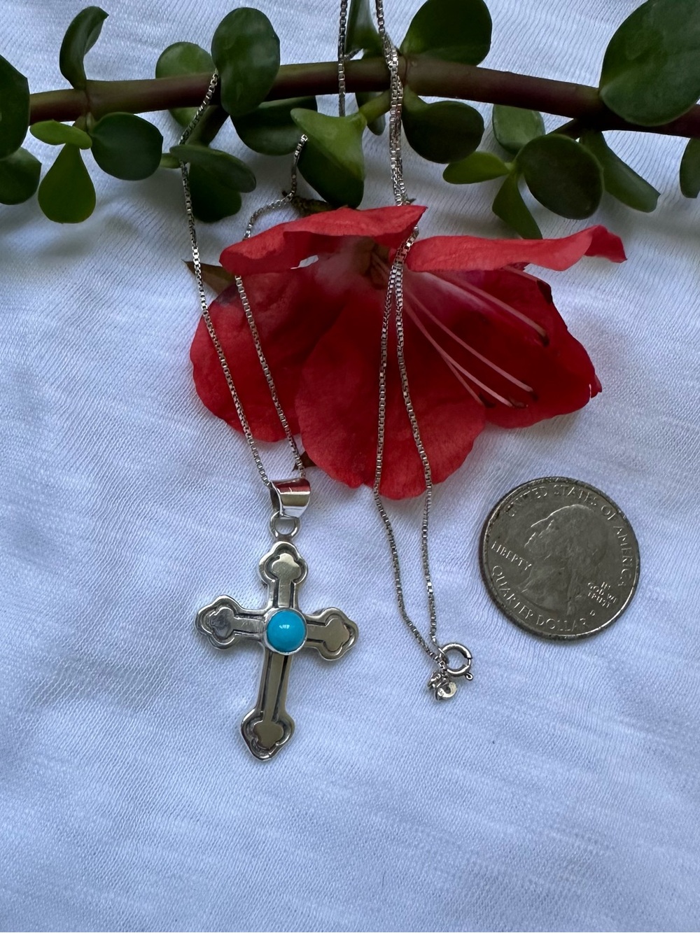 Vintage Sterling silver 925 Cross Pendant Necklace with Turquoise Accent 18”